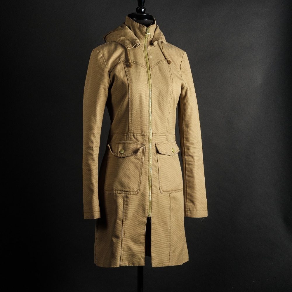 army green hooded mid length utility jacket